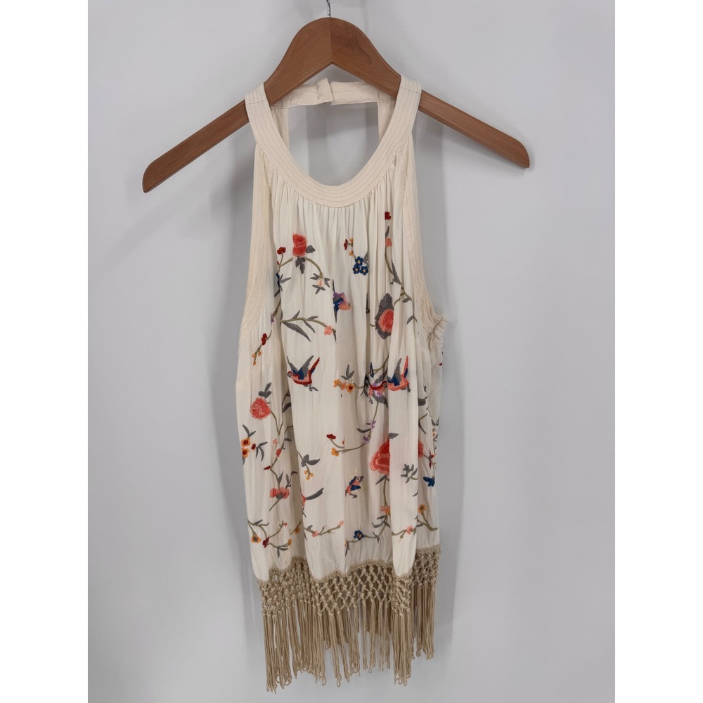 Anthropologie Halter Top Women Size 8 Ivory Embroidered Fringe Boho Bird - Picture 14 of 14
